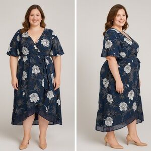 City Chic navy blue faux wrap‎ dress with white floral print waist tie, size 22